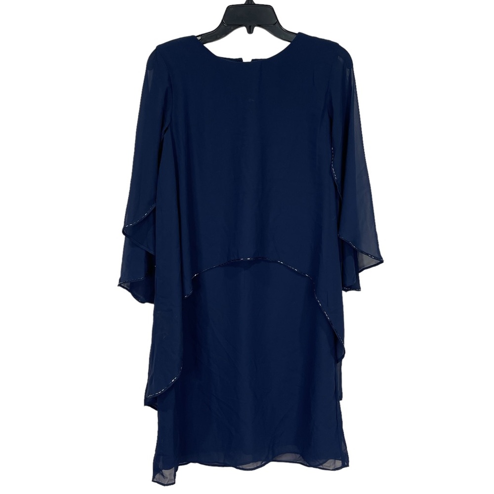 Marina dresses women size 4 embellished chiffon midi sheath cocktail dress navy